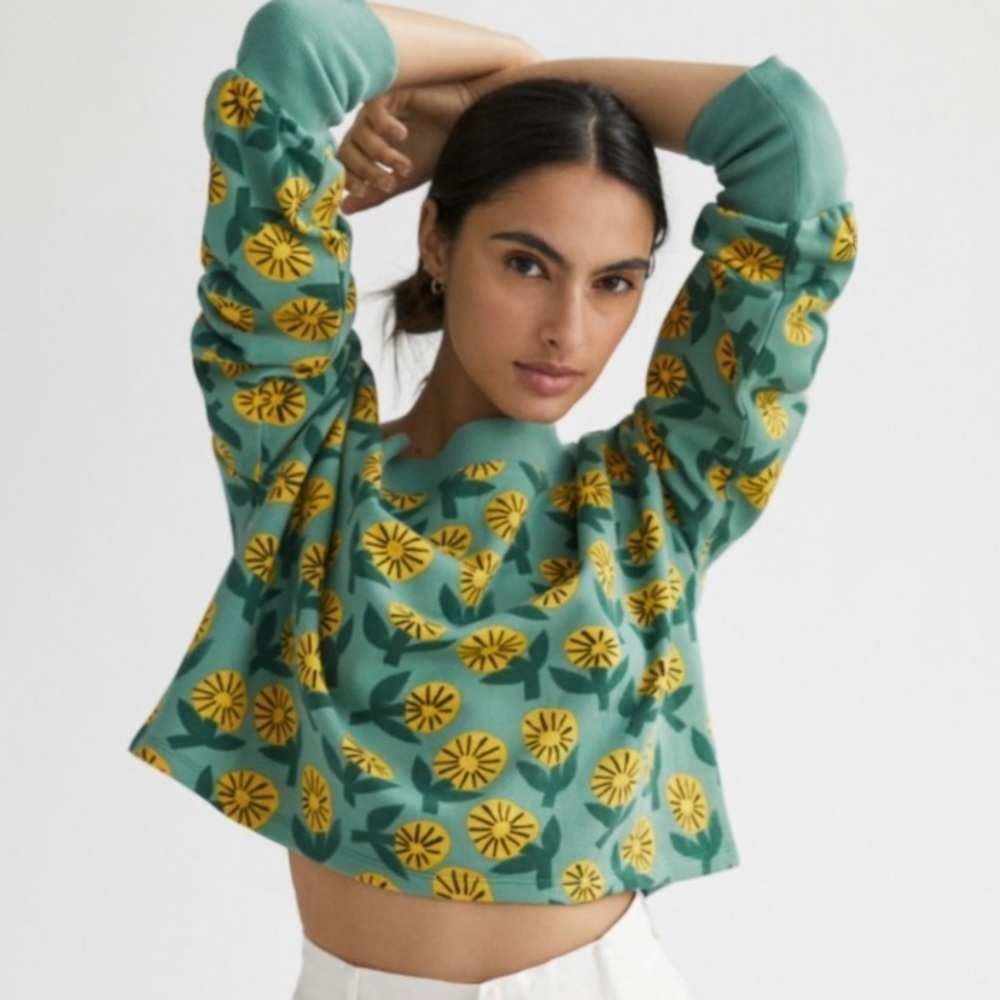 Anthropologie Marcello Velho Sunflower Floral Crop Sweater Pullover size sm new